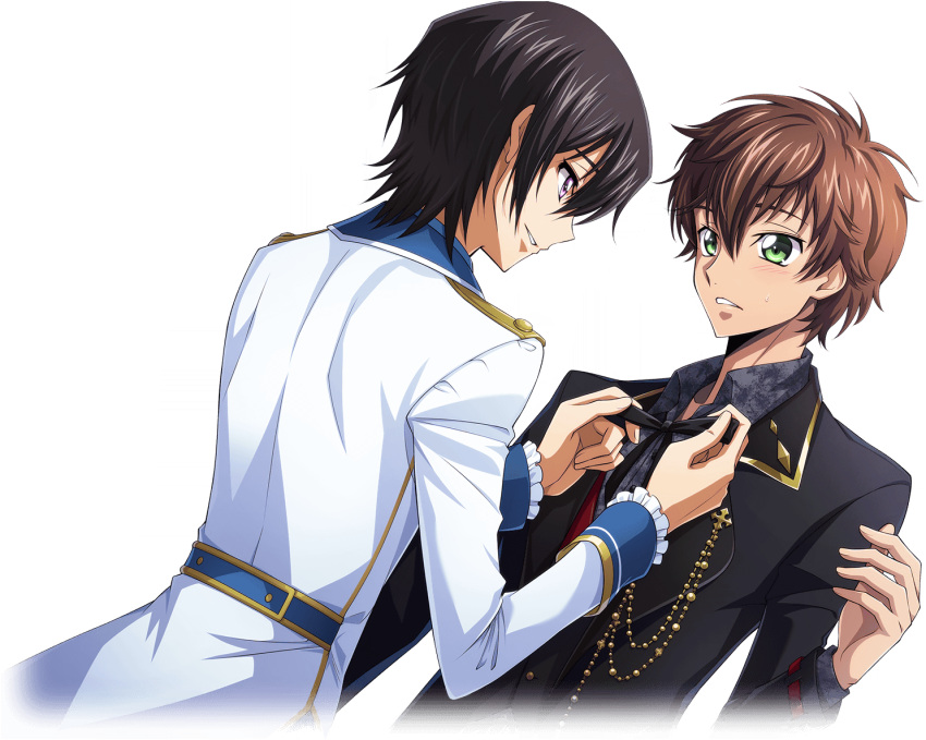 2boys adjusting_another's_clothes arm_at_side artist_request black_hair black_jacket black_ribbon blush brown_hair code_geass code_geass:_lost_stories collared_shirt cropped_torso dutch_angle eye_contact game_cg gold_trim green_eyes grey_shirt hair_between_eyes hand_up hands_up happy jacket kururugi_suzaku lelouch_vi_britannia light_blush long_sleeves looking_at_another male_focus multiple_boys neck_ribbon non-web_source official_art parted_lips purple_eyes ribbon shirt short_hair sidelocks simple_background smile standing sweat teeth transparent_background upper_body white_jacket