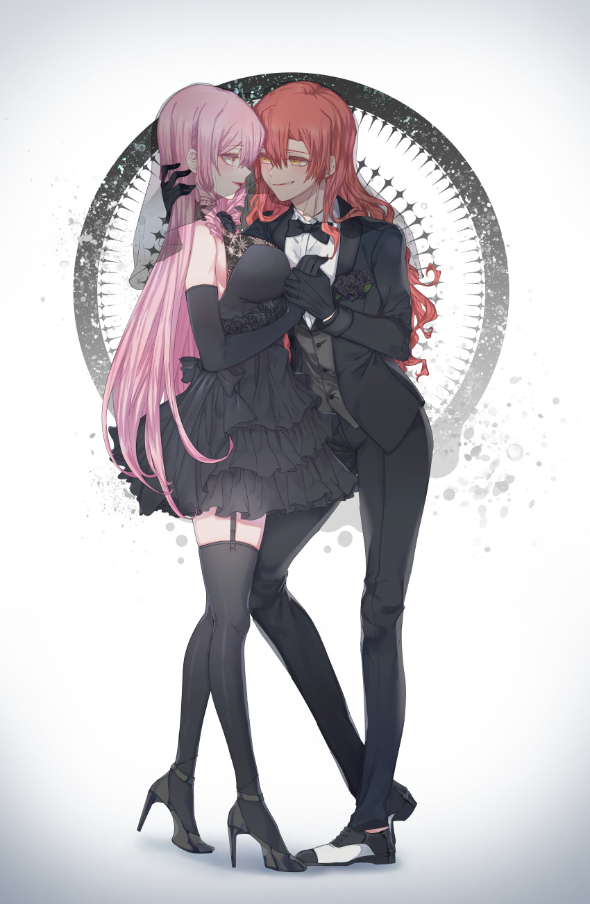 2girls aaaaddddd absurdres akuma_no_riddle black_bow black_bowtie black_dress black_flower black_footwear black_gloves black_jacket black_pants black_rose black_thighhighs bow bowtie breasts collared_shirt commentary dress dress_shirt drill_hair elbow_gloves eye_contact flower from_side full_body garter_straps gloves grin high_heels highres holding_hands inukai_isuke jacket korean_commentary large_breasts layered_dress lipstick long_hair looking_at_another makeup multiple_girls open_clothes open_jacket pants pink_hair pumps red_hair rose sagae_haruki shirt short_dress sideboob sleeveless sleeveless_dress smile standing thighhighs twin_drills veil very_long_hair white_background white_shirt wife_and_wife wing_collar yellow_eyes yuri zettai_ryouiki