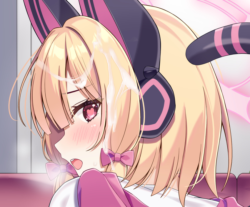 1girl animal_ears blonde_hair blue_archive blush bow cum facial fake_animal_ears fengshen_chino hair_bow halo headphones heart highres looking_at_viewer medium_hair momoi_(blue_archive) open_mouth pink_bow pink_halo red_eyes solo tail