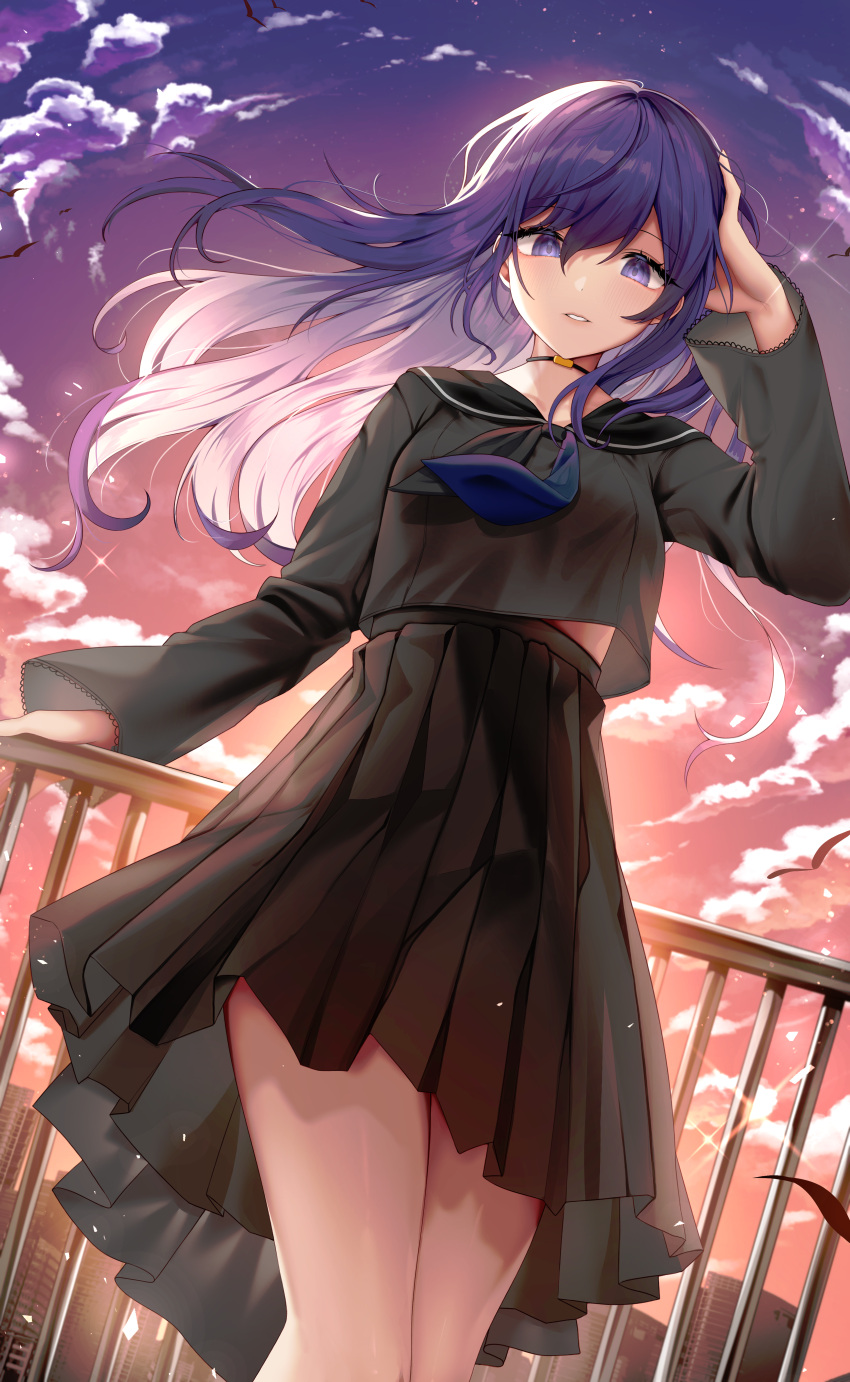 1girl absurdres asahina_mafuyu black_serafuku black_skirt breasts commentary daji highres looking_at_viewer medium_breasts project_sekai purple_eyes purple_hair school_uniform serafuku skirt solo sunset