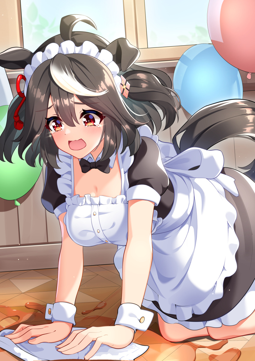 1girl absurdres ahoge alternate_costume animal_ears apron black_hair blush breasts cleaning cup decantering enmaided failure highres horse_ears horse_girl horse_tail kitasan_black_(umamusume) maid maid_headdress medium_breasts medium_hair on_ground open_mouth pouring red_eyes ribbon smile solo sunny_(20597521) tail teacup umamusume window wiping