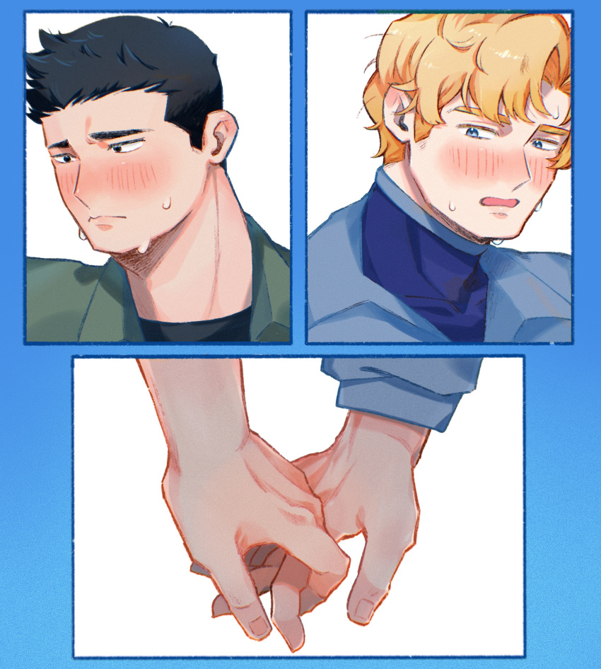 2boys ao_isami averting_eyes bara black_hair blonde_hair blush couple facial_hair hand_focus highres holding_hands interlocked_fingers lewis_smith looking_at_another male_focus multiple_boys shy sideburns_stubble stubble tata3_193 thick_eyebrows yaoi yuuki_bakuhatsu_bang_bravern