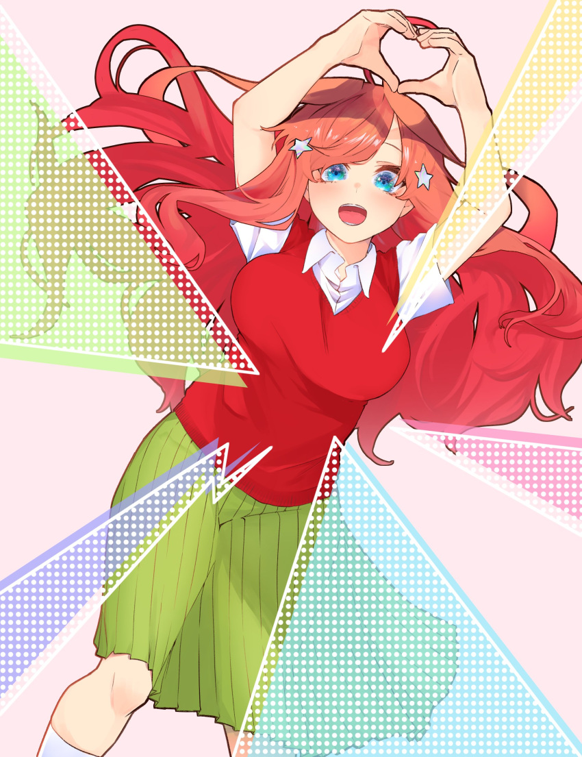 1girl :d absurdres ahoge arms_up blue_eyes blush bocchi_the_rock! breasts collared_shirt commentary eyebrows_hidden_by_hair feet_out_of_frame floating_hair go-toubun_no_hanayome green_skirt hair_ornament happy heart heart_hands highres kita_ikuyo large_breasts long_hair long_skirt looking_at_viewer mojyu_saico nakano_itsuki open_mouth own_hands_together parody pink_background pleated_skirt red_hair red_sweater_vest school_uniform shirt short_sleeves sidelocks simple_background skirt smile solo standing star-shaped_pupils star_(symbol) star_hair_ornament sweater_vest symbol-shaped_pupils teeth very_long_hair wavy_hair white_shirt