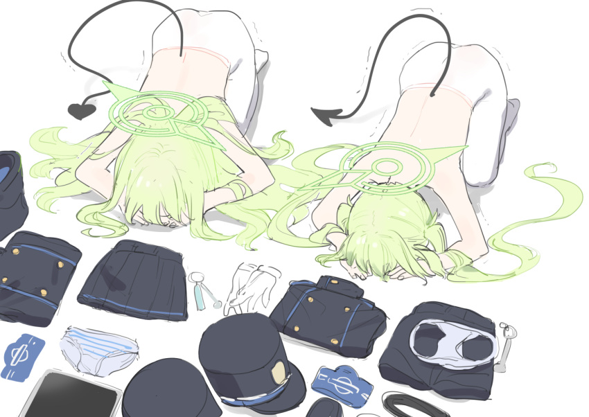 2girls ass black_hat black_shorts black_skirt black_tail blue_archive demon_tail djheycha dogeza gloves green_hair green_halo halo hat highlander_sidelocks_conductor_(blue_archive) highlander_twintails_conductor_(blue_archive) long_hair multiple_girls panties pantyhose peaked_cap pleated_skirt shorts simple_background skirt striped_clothes striped_panties tail underwear unworn_gloves unworn_hat unworn_headwear unworn_panties unworn_shorts unworn_skirt white_background white_gloves white_panties white_pantyhose