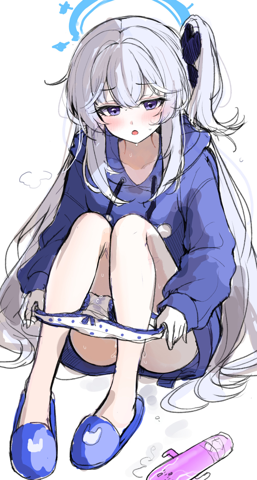 1girl absurdres ass blue_archive blue_footwear blue_halo blue_hoodie blush grey_hair hair_between_eyes halo haniwa_(statue) highres hood hood_down hoodie long_hair long_sleeves miyako_(blue_archive) miyako_(young)_(blue_archive) one_side_up open_mouth panties polka_dot polka_dot_panties purple_eyes sak_(lemondisk) simple_background sketch slippers solo underwear white_background white_panties