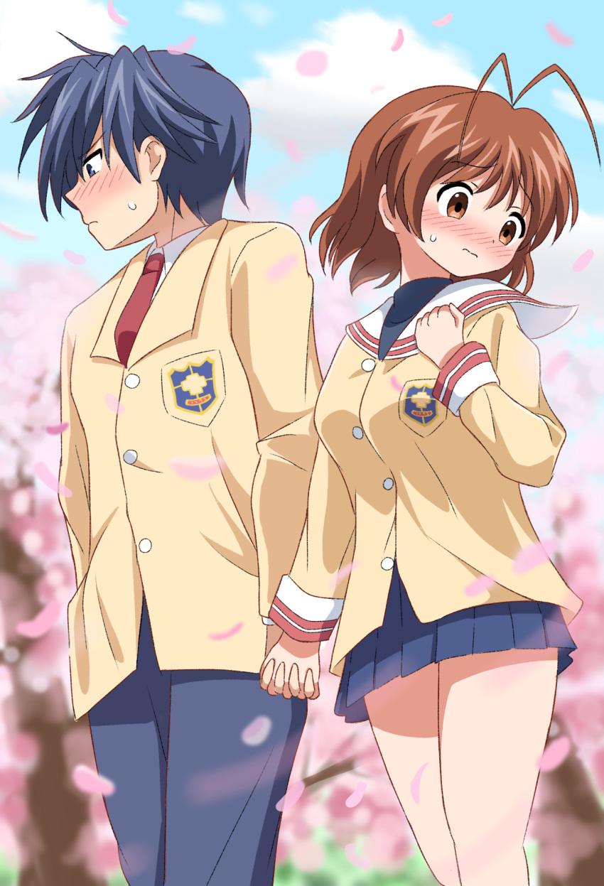1girl arm_at_side blazer blue_eyes blue_hair blue_pants blue_skirt blue_sky blurry blush brown_eyes brown_hair cherry_blossoms clannad clenched_hand closed_mouth commentary couple cowboy_shot day depth_of_field embarrassed falling_petals furrowed_brow furukawa_nagisa hair_between_eyes hand_up hetero highres hikarizaka_private_high_school_uniform holding_hands interlocked_fingers jacket long_sleeves looking_to_the_side medium_hair miniskirt necktie nose_blush okazaki_tomoya outdoors pants petals pleated_skirt profile red_necktie school_uniform serafuku short_hair silky_(silky_illust) skirt sky spiked_hair spring_(season) sweatdrop tareme tree tsurime turtleneck v-shaped_eyebrows wavy_mouth yellow_jacket