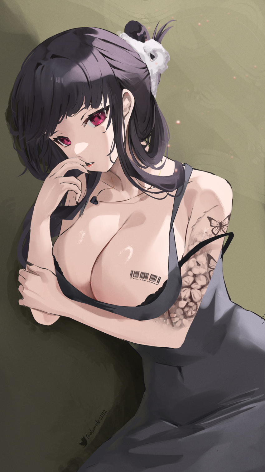 1girl absurdres arm_tattoo barcode barcode_tattoo black_bra black_dress black_hair bra breast_tattoo breasts cleavage covered_navel d_(killer_wife)_(nikke) d_(nikke) dongtan_dress dress elvandec fingernails goddess_of_victory:_nikke heart heart_necklace highres jewelry large_breasts looking_at_viewer meme_attire nail_polish necklace official_alternate_costume red_eyes sleeveless sleeveless_dress solo strap_slip tattoo twitter_logo twitter_username underwear