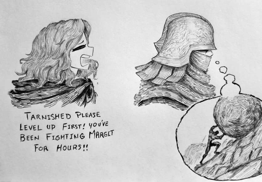 1girl 1other absurdres armor chronozbergh closed_eyes commentary cropped_torso crying_asagiri_aya_(meme) elden_ring english_commentary english_text greyscale helmet highres imagining long_hair melina_(elden_ring) meme monochrome open_mouth portrait profile simple_background sisyphus_(mythology) thought_bubble traditional_media white_background yes_chad_(meme)