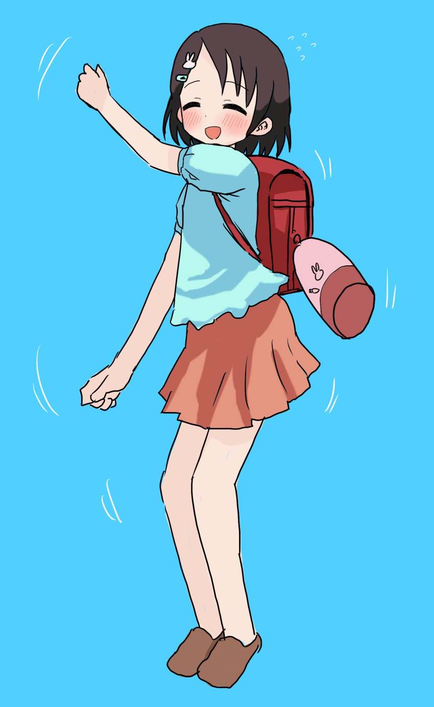 1girl absurdres backpack bag black_hair blue_background blue_shirt blush breasts brown_footwear closed_eyes dot_nose full_body hair_ornament hairclip highres idolmaster idolmaster_cinderella_girls idolmaster_cinderella_girls_starlight_stage king_gainer_over! motion_lines noise_(mokusei) open_mouth orange_skirt overman_king_gainer rabbit_hair_ornament randoseru sasaki_chie shirt shoes short_hair short_sleeves simple_background skirt small_breasts smile solo standing sweatdrop