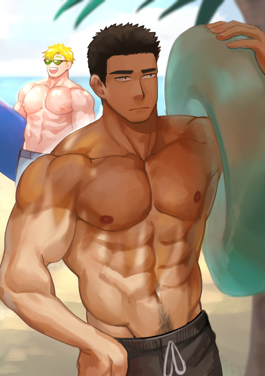 2boys :d abs absurdres alternate_body_hair ao_isami bara beach black_hair black_male_swimwear blonde_hair bored cowboy_shot facial_hair highres holding holding_swim_ring large_pectorals lewis_smith looking_ahead male_focus male_swimwear medium_sideburns meiji_(meiji_nsfw) multiple_boys muscular muscular_male navel navel_hair nipples pectorals perspective sideburns_stubble smile standing stomach stubble sunglasses swim_ring thick_eyebrows topless_male yaoi yuuki_bakuhatsu_bang_bravern