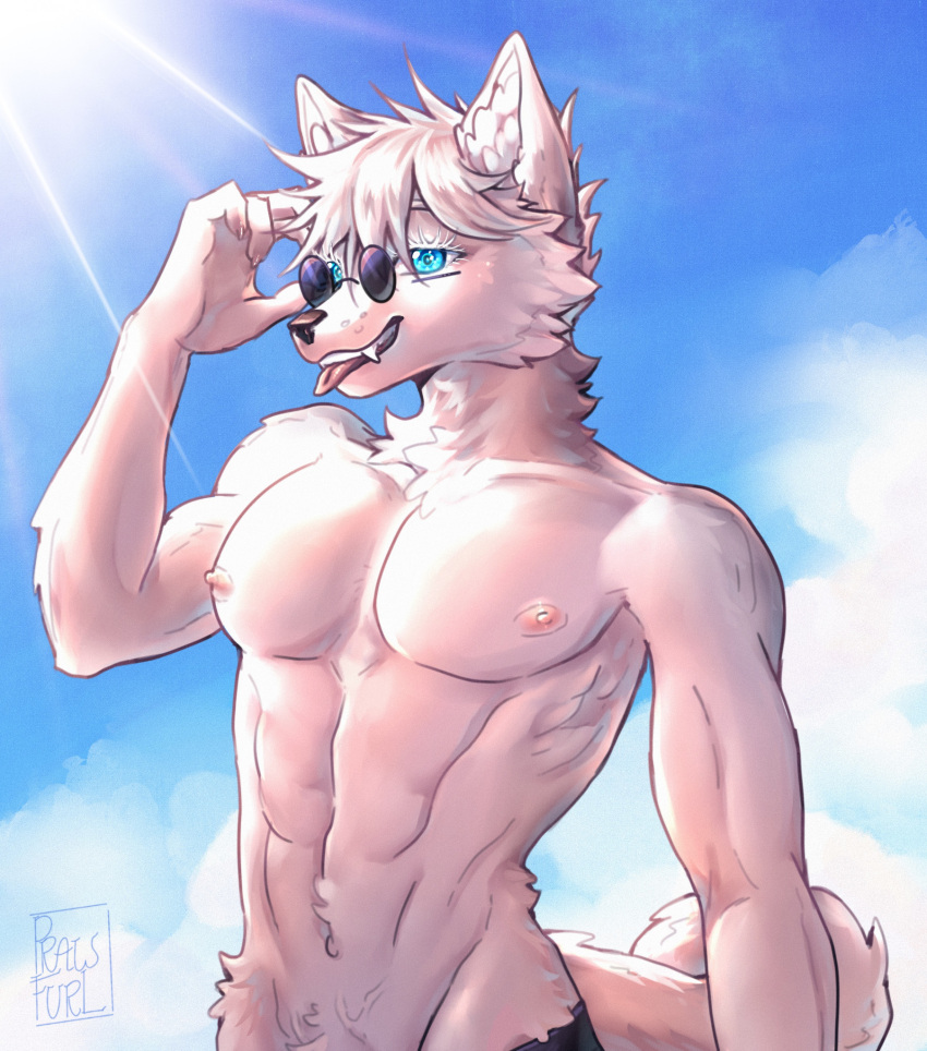 abs alternate_species anthro blue_eyes bottomwear canid canine clothing eyewear fur furrification glasses gojo_satoru hair hi_res jujutsu_kaisen male mammal muscular muscular_male nipples pants pecs prawfurl sharp_teeth solo sunglasses teeth tongue tongue_out white_body white_fur white_hair