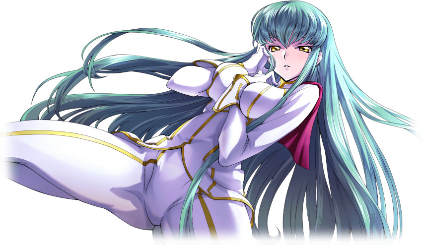 1girl arm_between_breasts artist_request between_breasts big_hair blush bodysuit breasts c.c. code_geass code_geass:_lost_stories cropped_legs floating_hair game_cg gloves gold_trim green_hair half-closed_eyes hand_on_own_face hands_up happy head_tilt highres impossible_bodysuit impossible_clothes jacket kneeling light_blush long_hair long_sleeves looking_at_viewer medium_breasts non-web_source official_art pale_skin pants parted_lips sidelocks simple_background skin_tight smile solo spread_legs teeth transparent_background very_long_hair white_gloves white_jacket white_pants yellow_eyes