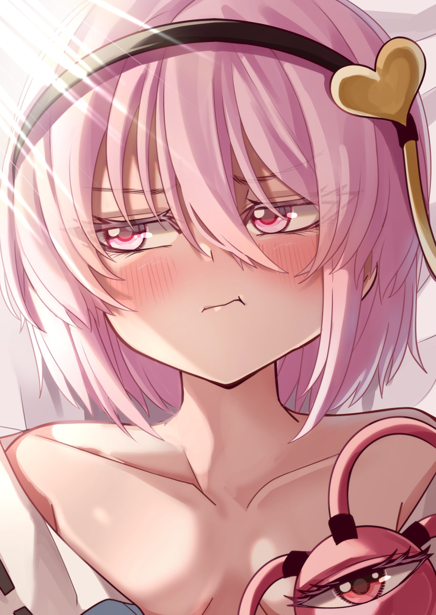 1girl :t absurdres bare_shoulders black_hairband blush breasts close-up closed_mouth collarbone colored_eyelashes commentary embarrassed eyelashes eyes_visible_through_hair furrowed_brow hair_between_eyes hair_ornament hairband heart heart_hair_ornament highres hot komeiji_satori looking_at_viewer looking_to_the_side mahoro_(minase_mahoro) no_bra pink_eyes pink_hair pout short_hair sidelighting small_breasts solo sunlight third_eye touhou tsurime