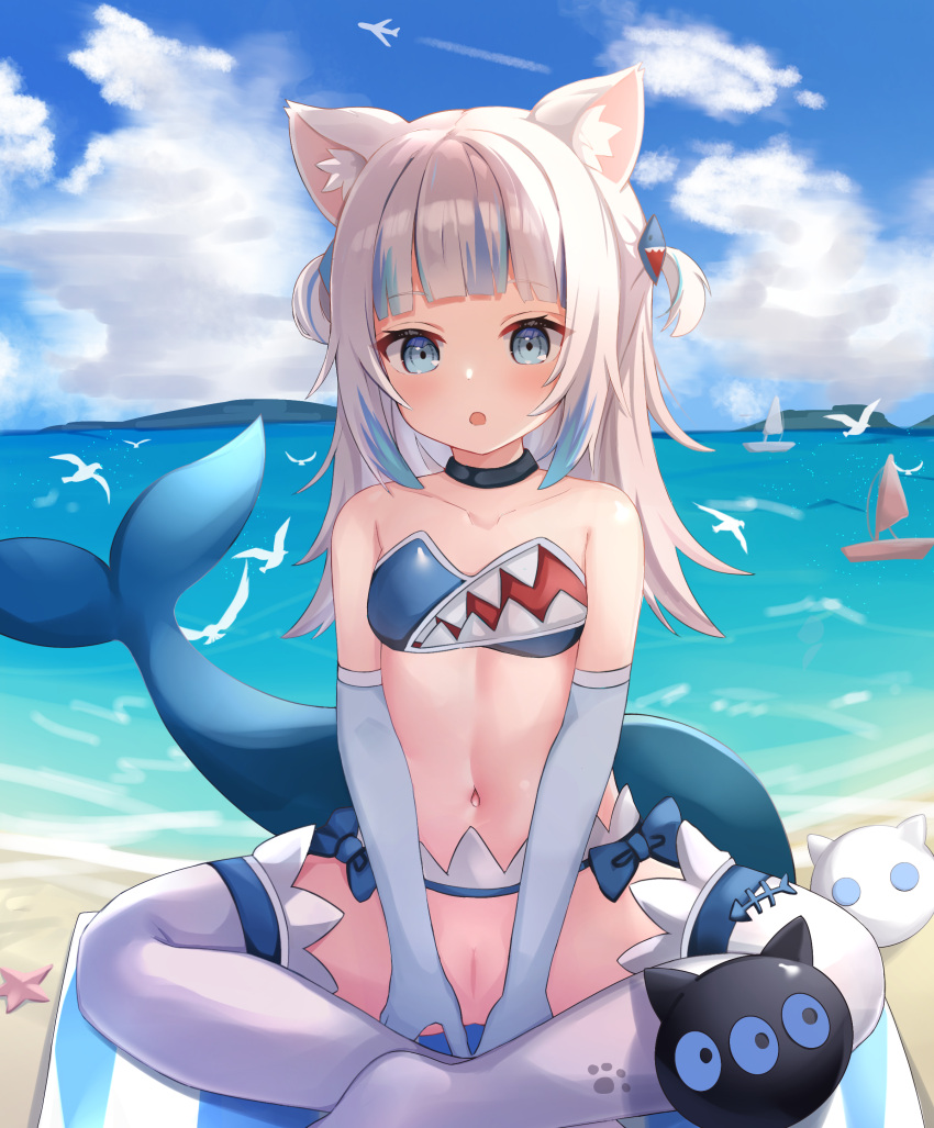 1girl :o absurdres adapted_costume animal_ear_fluff animal_ears beach bikini black_collar blue_bikini blue_eyes blue_gloves blue_hair blue_sky blush boat breasts cat_ears cloud collar fins fish_tail gawr_gura gawr_gura_(1st_costume) gloves hair_ornament highres hololive hololive_english indian_style looking_at_viewer medium_hair multicolored_hair navel nekopurin_(nyanko_prin) outdoors pussy sand shark_girl shark_hair_ornament shark_print shark_tail sitting sky small_breasts solo stomach strapless strapless_bikini streaked_hair swimsuit tail thighhighs two_side_up virtual_youtuber water watercraft white_hair white_thighhighs