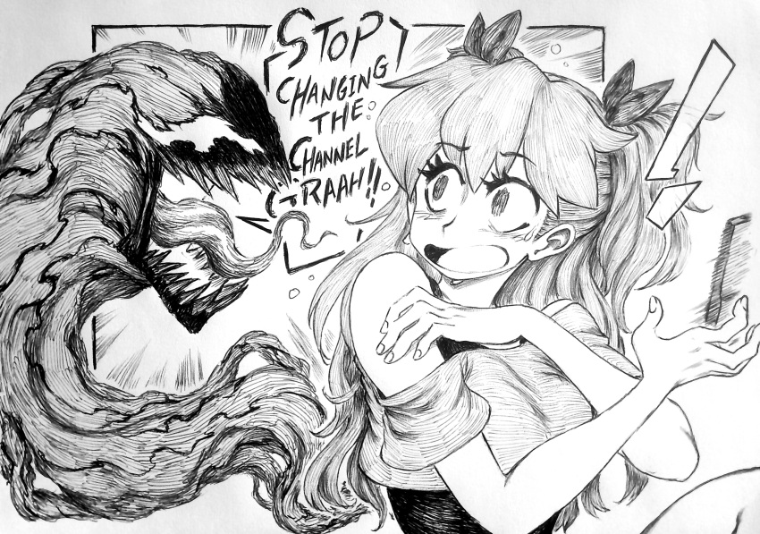 1girl absurdres chronozbergh commentary crossover english_commentary english_text greyscale hair_ribbon hands_up highres long_hair looking_at_another monochrome neon_genesis_evangelion open_mouth ribbon shouting souryuu_asuka_langley speech_bubble symbiote traditional_media upper_body venom_(2018)