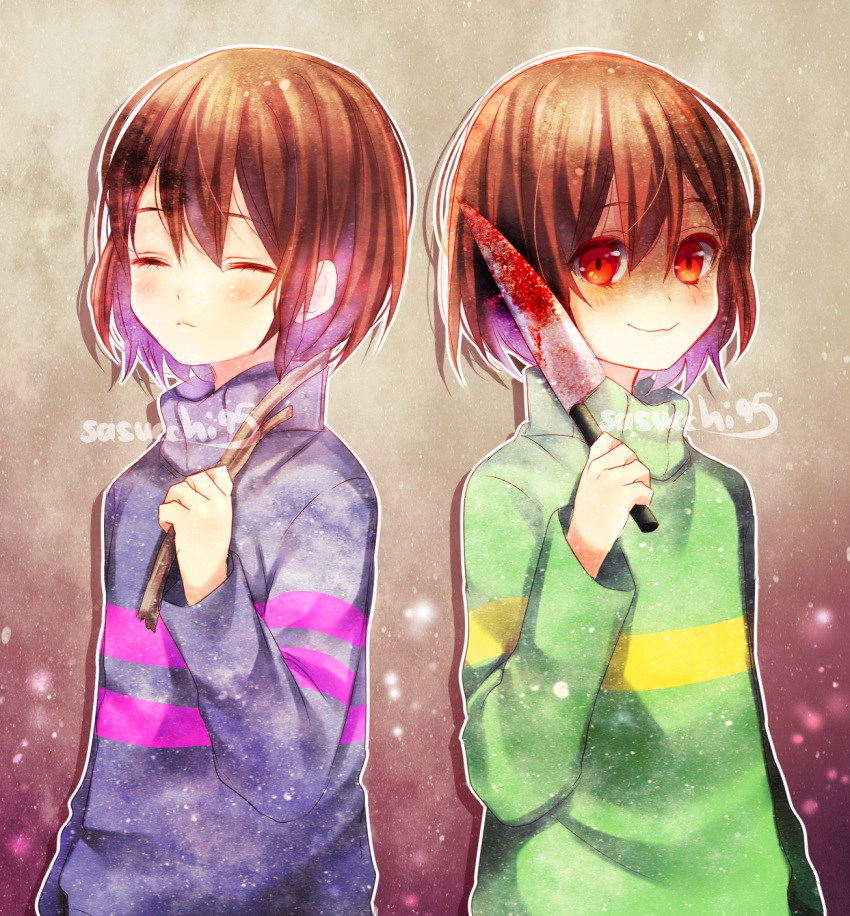 2others artist_name blood blood_on_knife blue_sweater blush brown_background brown_hair chara_(undertale) child closed_eyes closed_mouth colored_inner_hair frisk_(undertale) gradient_background green_sweater hair_between_eyes highres holding holding_knife holding_stick knife long_sleeves looking_at_viewer multicolored_hair multiple_others outline pink_sweater purple_hair red_background red_eyes sasucchi95 shaded_face short_hair smile stick striped_clothes striped_sweater sweater turtleneck turtleneck_sweater undertale upper_body white_outline yellow_sweater