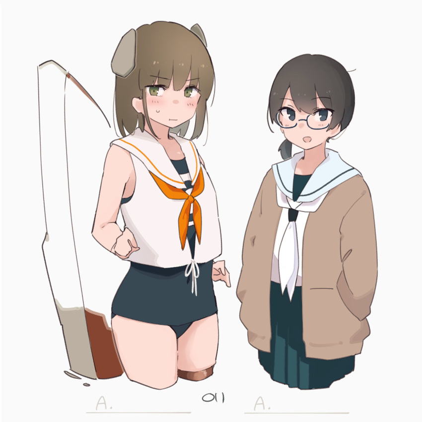 1girl artist_logo bespectacled black_eyes black_hair blue_one-piece_swimsuit blue_skirt brown_cardigan brown_eyes brown_hair c2-chan c2-chan_(cosplay) c2_kikan cardigan cosplay costume_switch cowboy_shot cropped_legs glasses hands_in_pockets headgear highres i-41_(kancolle) i-41_(kancolle)_(cosplay) kantai_collection looking_at_viewer low_ponytail ma_rukan neckerchief one-piece_swimsuit orange_neckerchief pleated_skirt sailor_collar sailor_shirt school_swimsuit shirt short_hair short_ponytail simple_background skirt sleeveless sleeveless_shirt solo swimsuit swimsuit_under_clothes white_background white_sailor_collar white_shirt