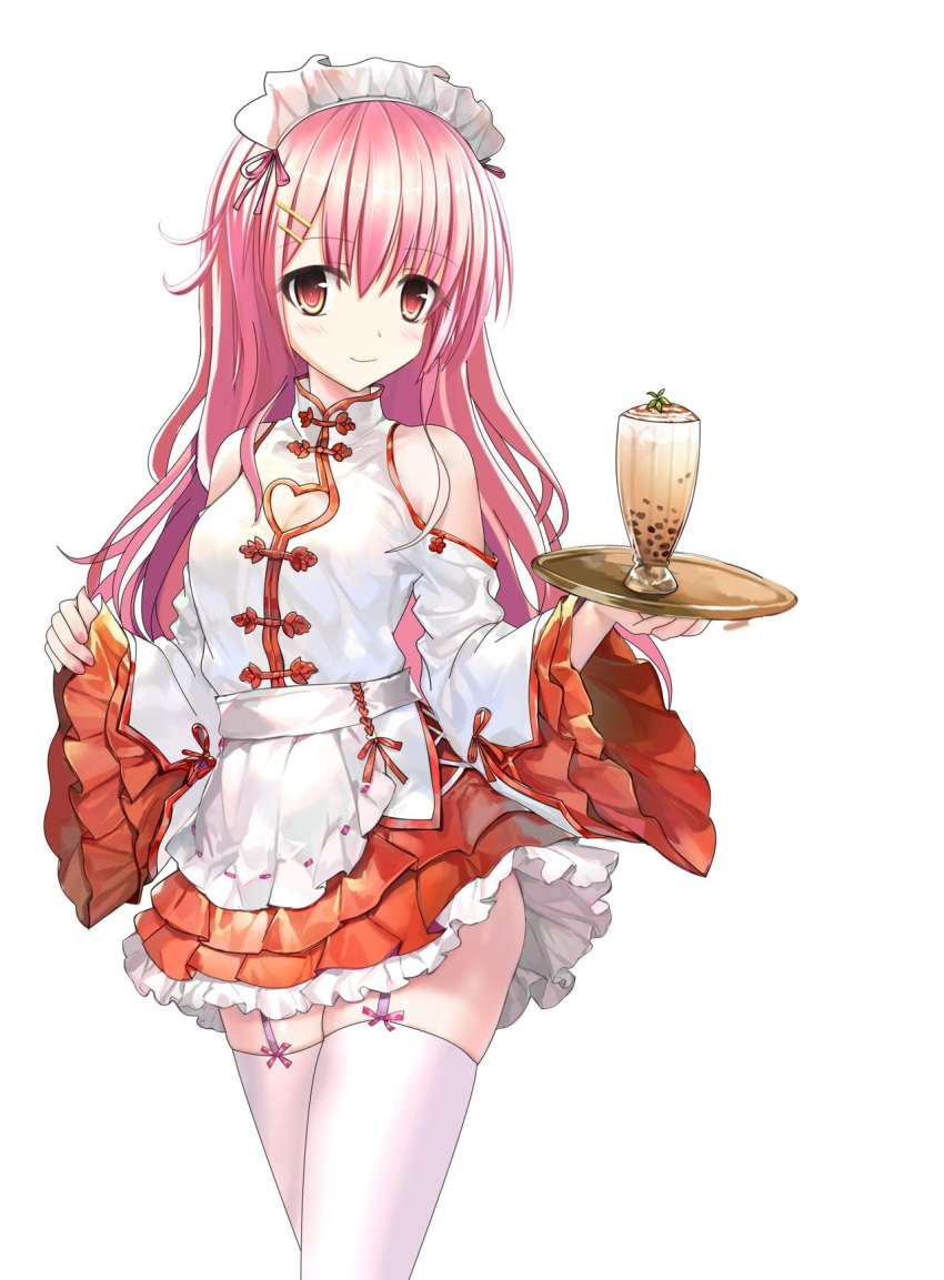 1girl apron bare_shoulders blush breasts bubble_tea chinese_clothes cleavage cleavage_cutout clothing_cutout conspiracy_field_snow_trap cowboy_shot cup detached_sleeves drinking_straw frilled_skirt frills garter_straps hair_ornament hairclip heart_cutout highres holding holding_tray jiangchengxue long_hair long_sleeves looking_at_viewer maid maid_headdress non-web_source pink_eyes pink_hair red_eyes red_skirt simple_background skirt smile solo thighhighs tray white_background white_thighhighs wide_sleeves zettai_ryouiki