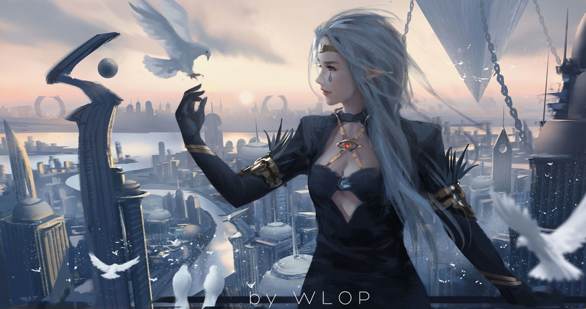 arch artist_name bird breasts building chain circlet cleavage cloud dove elf facial_mark feather_trim floating flying highres landing long_hair medium_breasts original pointy_ears profile silver_hair sky skyscraper sunset wind wings wlop