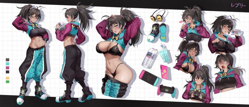 1girl absurdres ahoge aqua_hoodie ass black_bra black_footwear black_hair black_pants black_shirt blue_hair blue_pants blush bottle bra breasts closed_eyes clothes_pull collarbone color_guide controller crop_top cropped_hoodie cup dark-skinned_female dark_skin drinking_straw earrings game_controller goggles goggles_around_neck hair_between_eyes hand_on_own_hip heart highres holding holding_bottle holding_controller holding_game_controller hood hood_down hoodie indie_virtual_youtuber jewelry large_breasts lily_pad long_hair median_furrow midriff multicolored_footwear multicolored_hair multicolored_pants navel neon_harper nintendo_switch one_eye_closed pants pants_pull phone pink_hair pink_nails pink_sleeves reference_sheet second-party_source shirt stone_(ksorede) streaked_hair surprised sweat taut_clothes taut_shirt underwear virtual_youtuber yellow_eyes