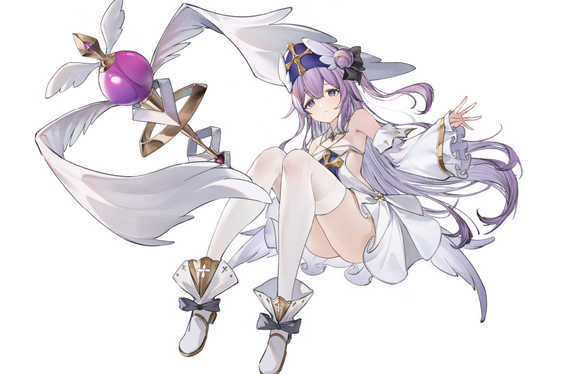 1girl absurdres ass azur_lane black_bow blue_eyes bow breasts bright_pupils chinese_commentary closed_mouth commentary_request detached_sleeves dress flantia floating footwear_bow frilled_sleeves frills full_body hair_bow hair_bun heart highres holding holding_staff light_frown lightning looking_at_viewer official_alternate_costume one_side_up pillar priestess simple_background single_side_bun small_breasts solo staff tareme thighhighs thighs unicorn_(azur_lane) unicorn_(snow_white_guardian_angel)_(azur_lane) white_background white_dress white_footwear white_pupils white_thighhighs wide_sleeves