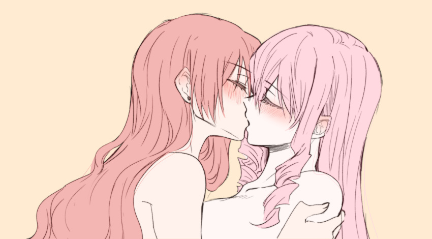 2girls aaaaddddd akuma_no_riddle blush breasts closed_eyes commentary ear_blush earrings hand_on_another's_shoulder highres inukai_isuke jewelry kiss large_breasts long_hair multiple_girls nude pink_hair red_hair sagae_haruki simple_background stud_earrings upper_body yellow_background yuri