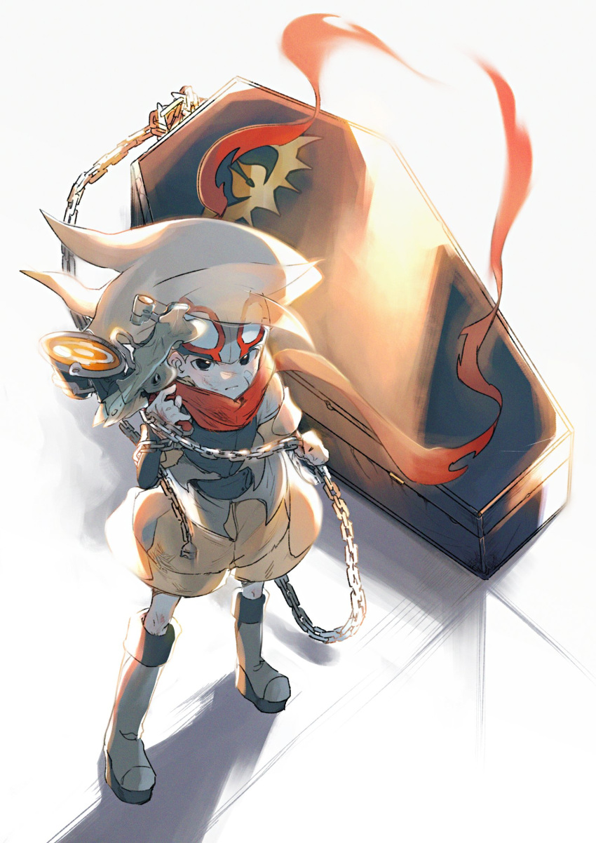 1boy bokura_no_taiyou boots chain coffin django_(boktai) from_above full_body h_jyo_ch highres holding holding_chain looking_at_viewer looking_up red_scarf scarf shadow simple_background solo white_background white_hair yellow_footwear