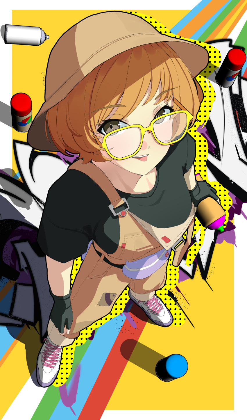 1girl absurdres belt_pouch border brown_eyes brown_overalls graffiti green_shirt haerge highres light_brown_hair overalls paint persona persona_4 pouch satonaka_chie shirt short_hair solo spray_can tongue tongue_out white_border yellow-framed_eyewear