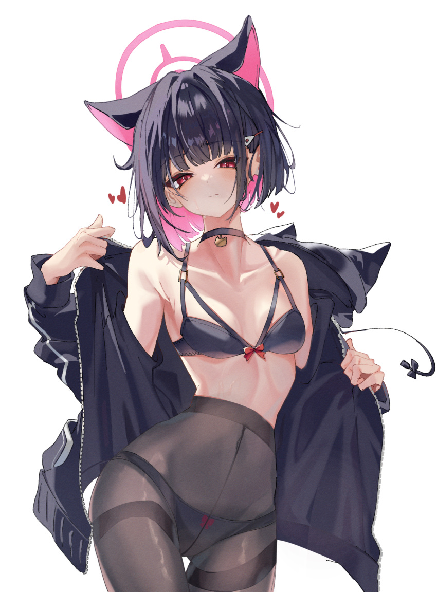 1girl animal_ears black_bra black_choker black_hair black_jacket black_pantyhose blue_archive blush bra breasts cat_ears choker closed_mouth collarbone colored_inner_hair cowboy_shot extra_ears hair_ornament hairclip halo heart highres huuuuu_(ddakji79) jacket kazusa_(blue_archive) long_sleeves medium_breasts multicolored_hair navel open_clothes open_jacket panties panties_under_pantyhose pantyhose pink_hair pink_halo red_eyes short_hair simple_background solo underwear white_background