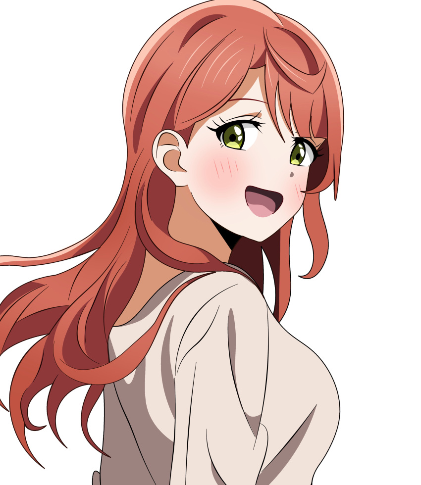 1girl absurdres aged_up alternate_hair_length alternate_hairstyle blush breasts commentary_request from_behind highres long_hair looking_at_viewer love_live! love_live!_nijigasaki_high_school_idol_club medium_breasts open_mouth pink_hair pink_shirt portrait shinonome_sakura shirt single_sidelock solo uehara_ayumu upper_body white_background yellow_eyes