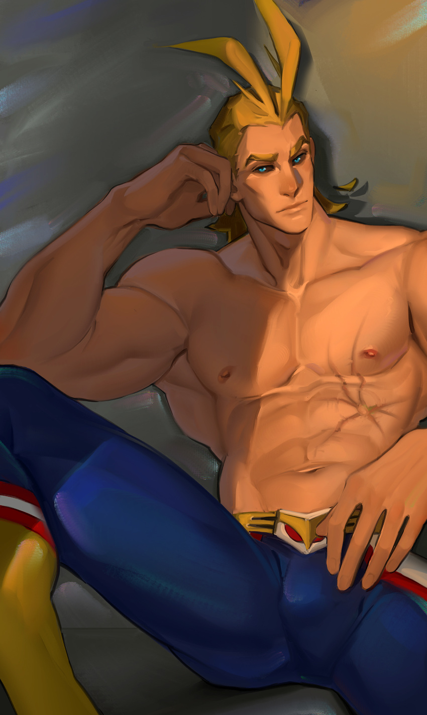 1boy abs absurdres all_might black_sclera blonde_hair blue_pants boku_no_hero_academia bulge closed_mouth collarbone colored_sclera freesilverwind grey_background highres looking_to_the_side male_focus muscular muscular_male navel nipples pants pectorals scar scar_on_face solo spread_legs topless_male