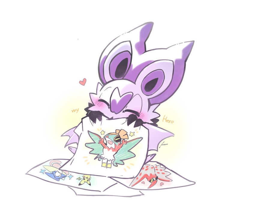 2024 ambiguous_gender big_ears blush drawing english_text eyes_closed feral fur generation_1_pokemon generation_6_pokemon greninja hawlucha heart_symbol hi_res holding_object holding_paper hosi_koro nintendo noibat paper pikachu pokemon pokemon_(species) purple_body purple_fur simple_background solo talonflame text white_background