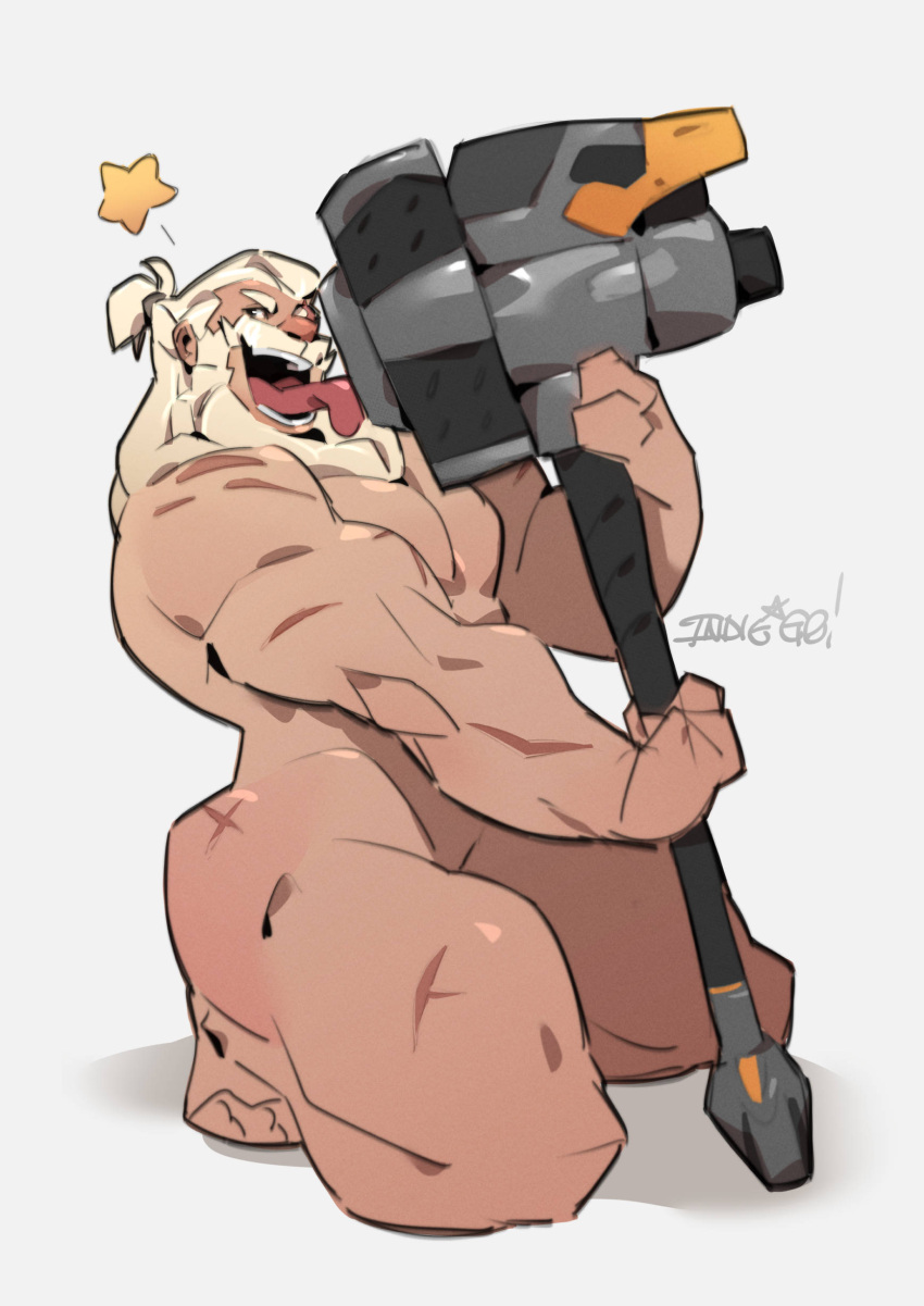 1boy absurdres arts_of_indiego bara beard convenient_leg facial_hair full_beard hammer highres kneeling large_pectorals licking licking_weapon male_focus mature_male multiple_scars muscular muscular_male naughty_face old old_man overwatch partially_blind pectorals reinhardt_(overwatch) scar scar_across_eye short_hair thick_beard thighs tongue tongue_out weapon white_hair wink_star