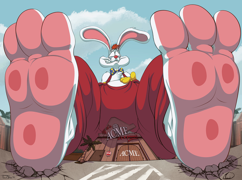 2019 3_toes anthro big_feet bow_tie clothed clothing destruction disney feet floppy_ears foot_focus fur hair huge_feet lagomorph leporid long_ears looking_at_viewer looking_down looking_down_at_viewer macro male mammal orange_hair overalls pawpads rabbit red_nose roger_rabbit solo teaselbone toes toothy_grin white_body white_fur who_framed_roger_rabbit