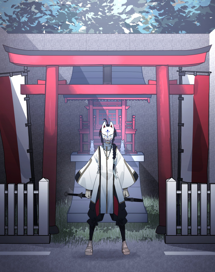 1other absurdres ahoge androgynous architecture banner black_hair bracelet braid braided_ponytail clenched_hands east_asian_architecture facing_viewer fate/samurai_remnant fate_(series) fence fox_mask full_body grass highres japanese_clothes jewelry long_sleeves mask masked necklace ninjin_(ne_f_g_o) nobori sandals shadow shrine sidelocks single_braid standing sword sword_on_back torii weapon weapon_on_back white_fence wide_sleeves wooden_fence yamato_takeru_(fate)