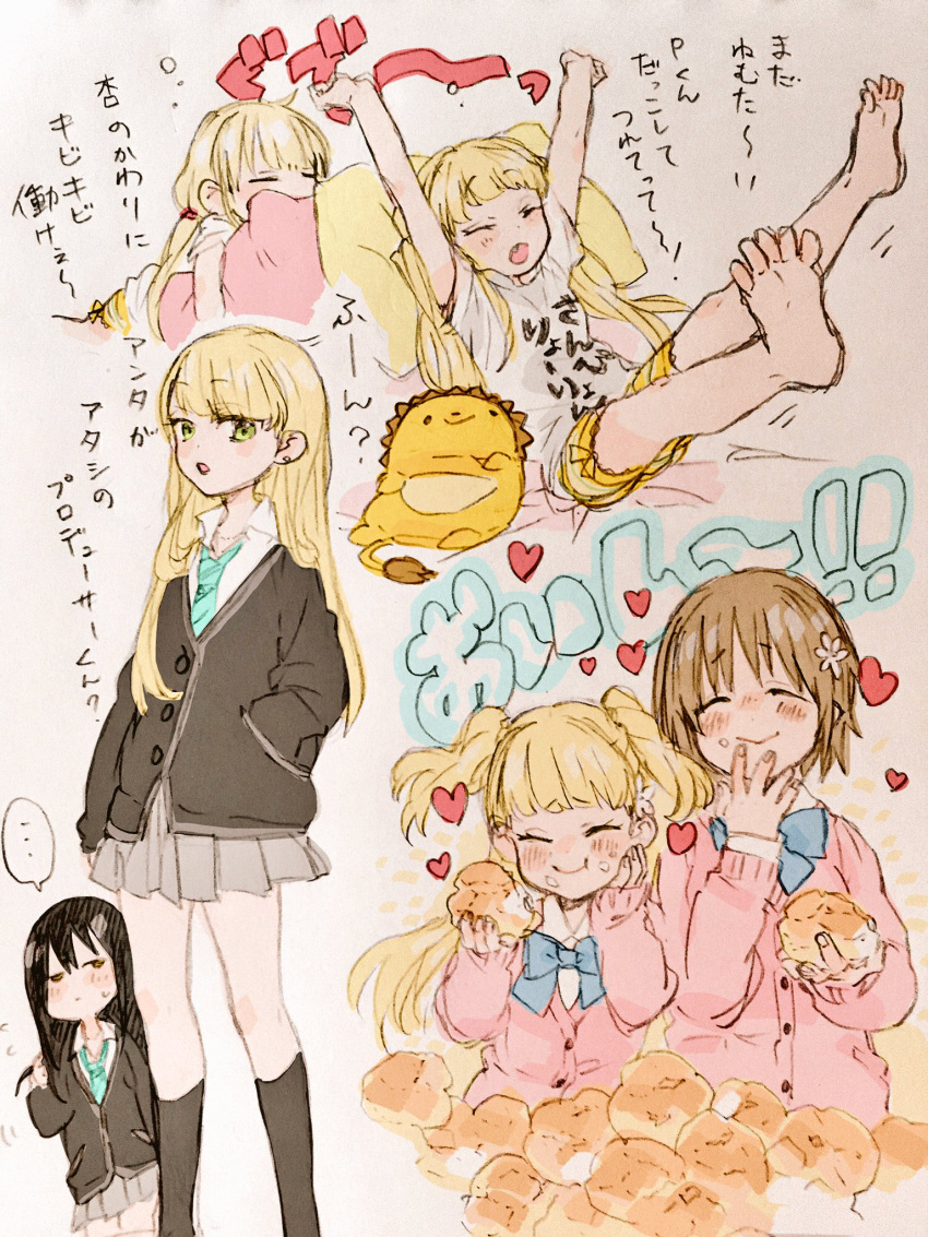 4girls barefoot black_cardigan black_hair black_socks blonde_hair bow bowtie brown_hair cardigan collared_shirt cosplay cream_puff eating flower food futaba_anzu futaba_anzu_(cosplay) gacho_p hair_flower hair_ornament highres idolmaster idolmaster_cinderella_girls jougasaki_rika long_hair mimura_kanako mimura_kanako_(cosplay) multiple_girls multiple_views necktie pillow pink_cardigan school_uniform shibuya_rin shibuya_rin_(cosplay) shirt short_hair shorts sketch skirt socks stuffed_animal stuffed_lion stuffed_toy t-shirt translation_request two_side_up