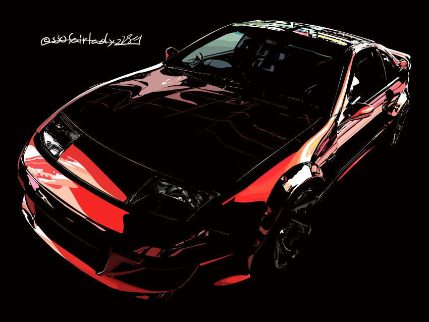 absurdres black_background car cybernipper from_above highres motor_vehicle nissan nissan_300zx nissan_300zx_(z31) nissan_fairlady_z no_humans original red_car simple_background sports_car vehicle_focus