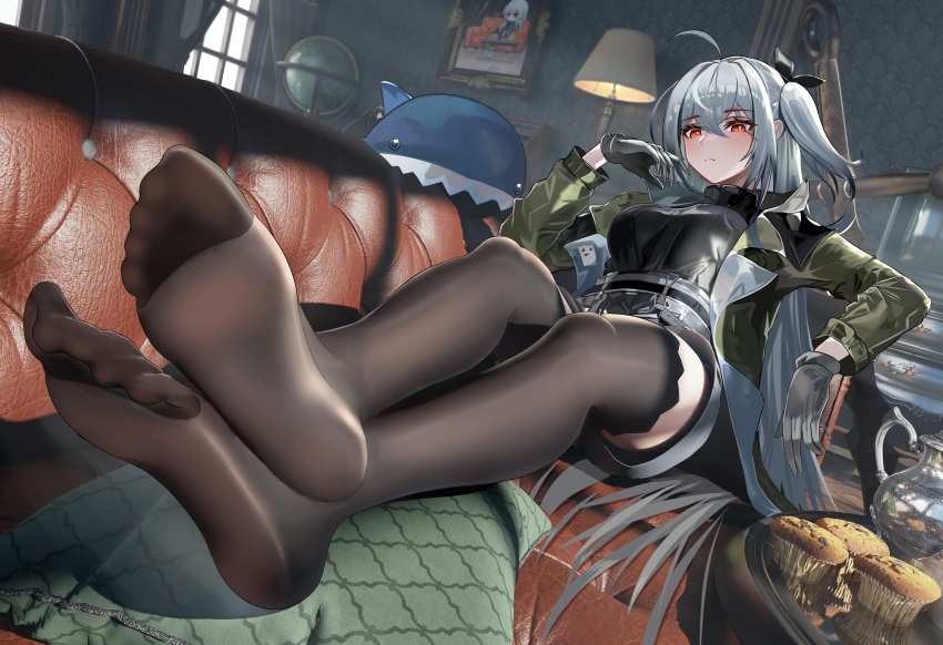 1girl absurdres ahoge arknights black_ribbon black_shirt black_thighhighs bm_(bm364364) breasts commentary_request dutch_angle food gloves green_jacket grey_gloves grey_hair hair_ribbon hand_up highres indoors jacket long_hair long_sleeves medium_breasts muffin official_alternate_costume one_side_up open_clothes open_jacket painting_(object) red_eyes ribbon shirt sitting skadi_(arknights) skadi_(the_next_afternoon_tea)_(arknights) solo thighhighs very_long_hair window