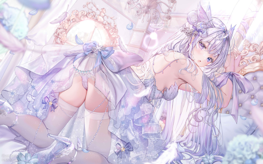 1girl blue_eyes blurry blurry_background blush bound bound_wrists breasts chandelier commentary commission dress glass_slipper hair_ornament hair_ribbon heterochromia high_heels highres indie_virtual_youtuber indoors isari_sensei long_hair looking_at_viewer looking_back mikazuki_silvi nail_polish panties pantyshot parted_lips pastel_colors purple_eyes restrained ribbon sideboob soles solo squatting thighhighs underwear virtual_youtuber white_dress white_hair white_nails white_panties white_thighhighs zettai_ryouiki