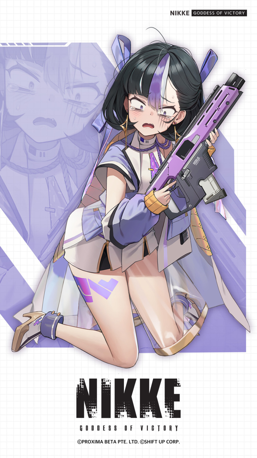 1girl arms_up black_hair breasts commentary copyright_name crying detached_sleeves english_commentary fang goddess_of_victory:_nikke gun high_heels highres holding holding_gun holding_weapon jacket leg_tattoo long_sleeves looking_at_viewer medium_hair mole mole_under_eye multicolored_hair navel nose_bubble official_art open_clothes open_jacket open_mouth purple_hair scared skirt sleeves_past_wrists small_breasts squatting streaked_hair syuen_(nikke) tattoo tearing_up thighs v-shaped_eyebrows wavy_mouth weapon white_skirt zoom_layer