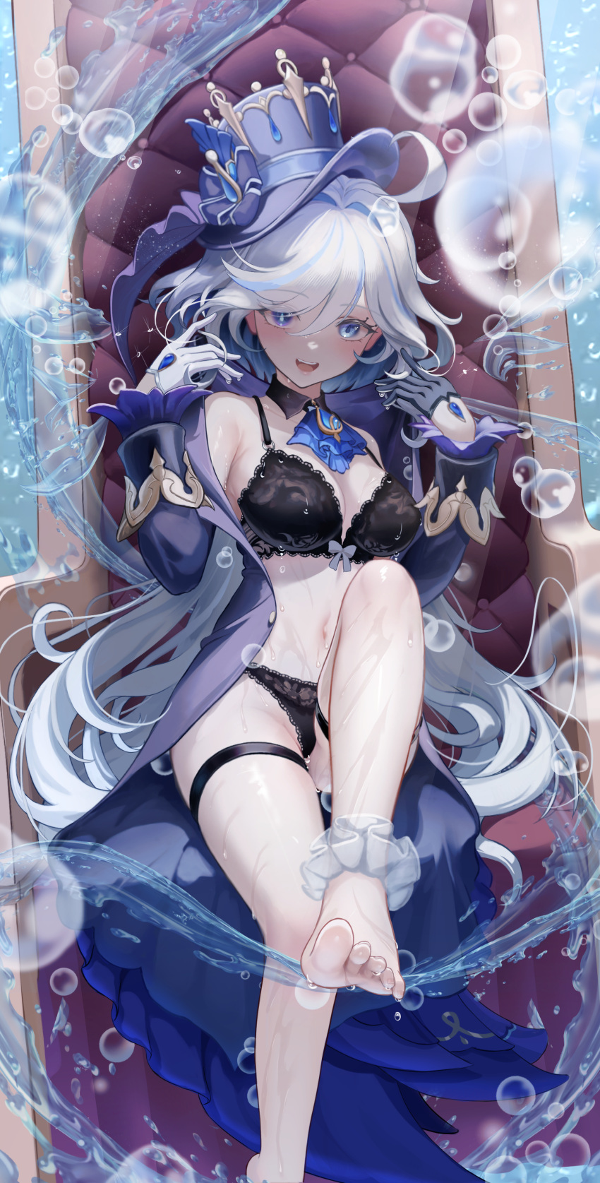 1girl :d absurdres ahoge air_bubble ankle_scrunchie ascot asymmetrical_gloves bare_shoulders barefoot black_bra black_gloves black_panties blue_eyes blue_hair blue_hat blue_jacket bra breasts bubble furina_(genshin_impact) genshin_impact gloves hair_between_eyes hat heterochromia highres jacket light_blue_hair long_hair long_sleeves looking_at_viewer medium_breasts mismatched_gloves multicolored_hair navel open_clothes open_jacket paid_reward_available panties scrunchie sitting smile solo thigh_strap toes top_hat ttkaki underwear very_long_hair white_gloves white_hair white_scrunchie