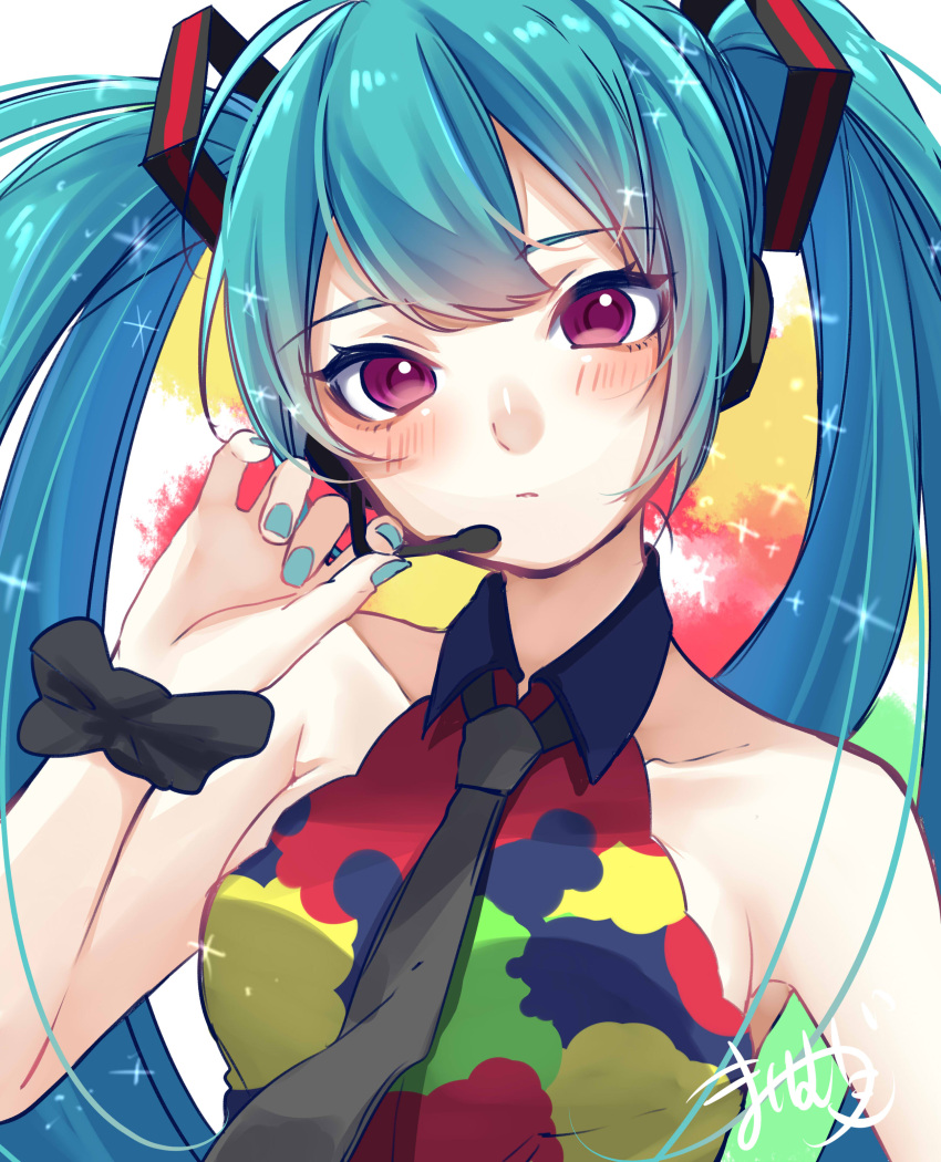 1girl absurdres aqua_hair aqua_nails bare_arms bare_shoulders black_necktie black_scrunchie blush breasts collarbone expressionless hair_ornament hand_up hatsune_miku headphones headset highres holding holding_microphone long_hair looking_at_viewer mai_mugi microphone multicolored_shirt nail_polish necktie purple_eyes scrunchie shirt signature sleeveless sleeveless_shirt small_breasts solo sparkling_aura tell_your_world_(vocaloid) twintails upper_body very_long_hair vocaloid wrist_scrunchie