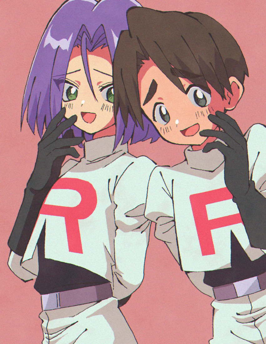 2boys belt black_gloves brown_eyes brown_hair crop_top gloves green_eyes highres james_(pokemon) macchiromomomo mondo_(pokemon) multiple_boys pink_background pokemon pokemon_(anime) pokemon_(classic_anime) purple_belt purple_hair shy smile team_rocket team_rocket_uniform