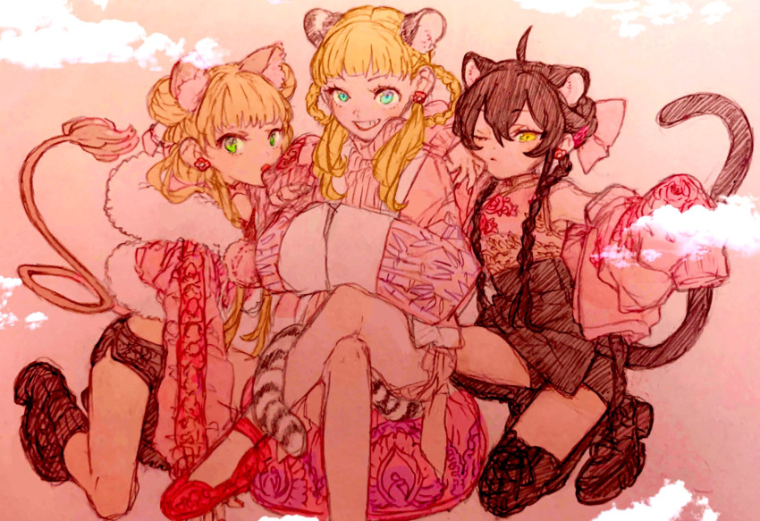 3girls ahoge animal_ears aqua_eyes black_hair blonde_hair boots braid crossed_legs full_body gacho_p green_eyes highres idolmaster idolmaster_cinderella_girls jougasaki_rika kneeling leopard_ears leopard_tail lion_ears lion_tail long_hair mary_cochran matoba_risa multiple_girls one_eye_closed sexy_panthers_(idolmaster) short_shorts shorts sketch smile tail thighhighs tiger_ears tiger_tail twin_braids yellow_eyes