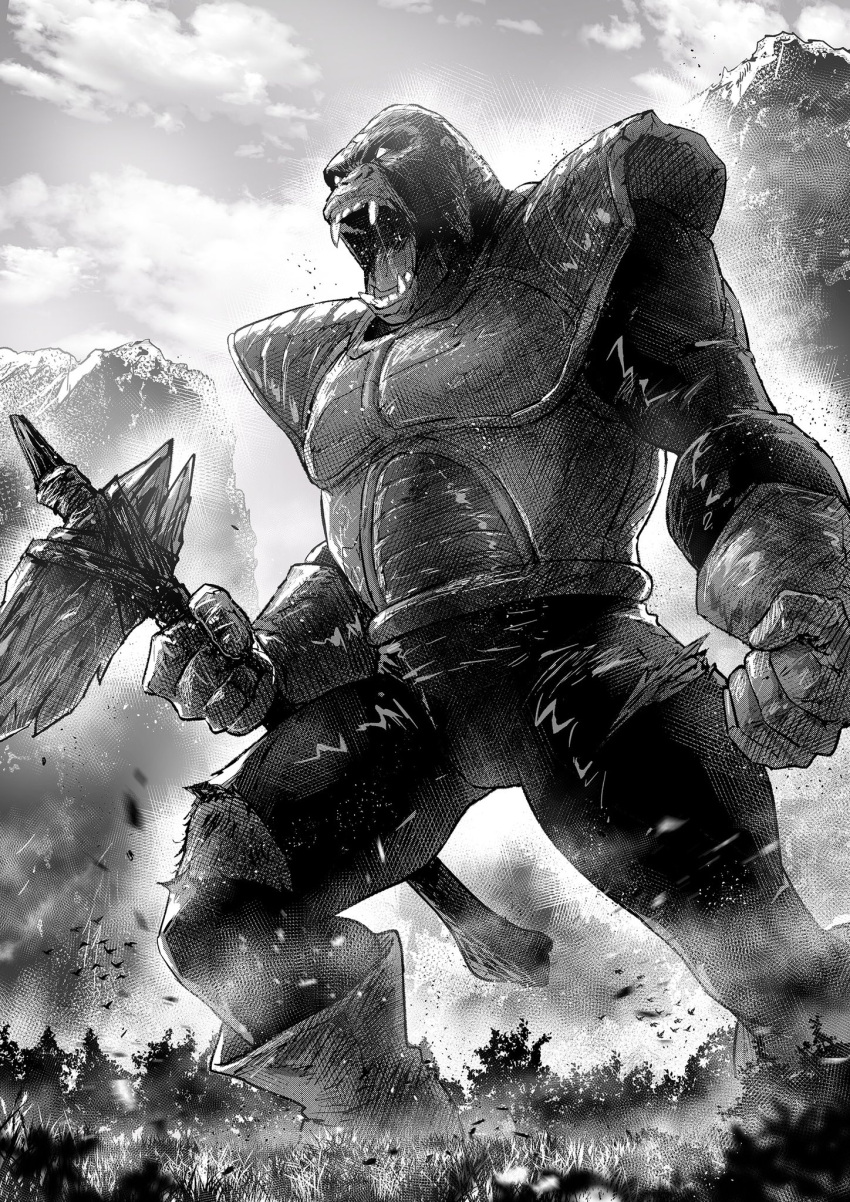 1boy ape armor axe commentary day english_commentary fangs full_armor giant giant_monster gloves godzilla_x_kong:_the_new_empire greyscale highres holding holding_weapon kaijuu male_focus manly monochrome monster mountainous_horizon muscular no_humans outdoors saiyan_armor santa_fung solo standing weapon white_footwear white_gloves