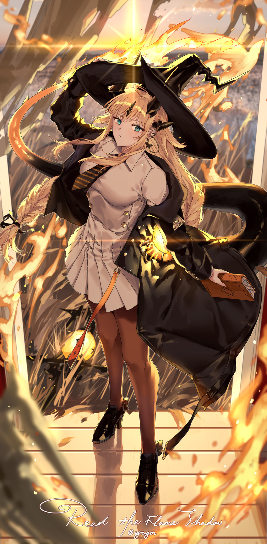 1girl absurdres alternate_costume arknights black_pantyhose black_thighhighs blonde_hair blue_eyes book braid breasts closed_mouth dragon_girl dragon_horns dragon_tail fire flame-tipped_tail full_body green_eyes hat high_heels highres holding holding_book horns jacket long_hair looking_at_viewer necktie pantyhose reed_(arknights) solo standing tail thighhighs very_long_hair witch witch_hat yoruyume