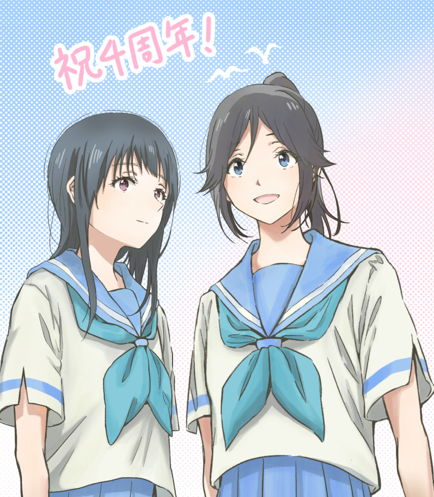 2girls black_hair blue_eyes blue_neckerchief blue_sailor_collar blue_skirt closed_mouth commentary_request curryisfriend hibike!_euphonium highres kasaki_nozomi kitauji_high_school_uniform liz_to_aoi_tori long_hair multiple_girls neckerchief open_mouth pleated_skirt ponytail purple_eyes sailor_collar school_uniform serafuku shirt short_sleeves skirt smile translation_request upper_body white_shirt yoroizuka_mizore