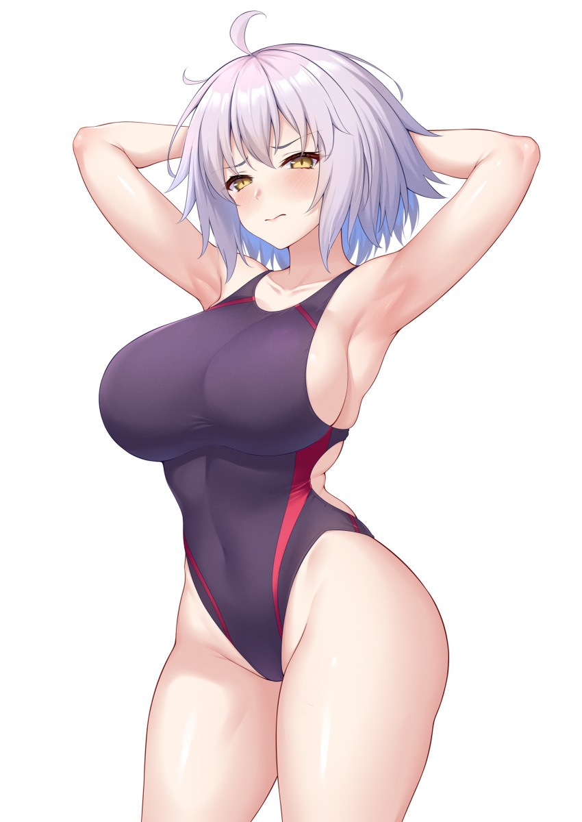 1girl ahoge armpits arms_behind_head black_one-piece_swimsuit blush breasts closed_mouth commentary_request competition_swimsuit covered_navel fate/grand_order fate_(series) grey_hair highres jeanne_d'arc_alter_(avenger)_(fate) jeanne_d'arc_alter_(fate) large_breasts looking_at_viewer one-piece_swimsuit short_hair simple_background solo standing swimsuit thighs white_background yellow_eyes yuunagi_(0217)
