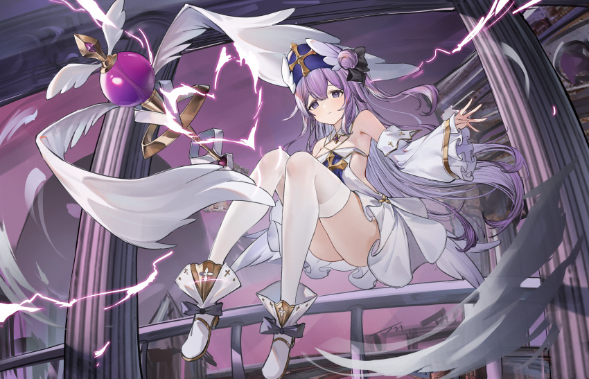 1girl absurdres ass azur_lane black_bow blue_eyes bow breasts bright_pupils chinese_commentary closed_mouth commentary_request detached_sleeves dress flantia floating footwear_bow frilled_sleeves frills full_body hair_bow hair_bun heart highres holding holding_staff light_frown lightning looking_at_viewer official_alternate_costume one_side_up pillar priestess single_side_bun small_breasts solo staff tareme thighhighs thighs unicorn_(azur_lane) unicorn_(snow_white_guardian_angel)_(azur_lane) white_dress white_footwear white_pupils white_thighhighs wide_sleeves