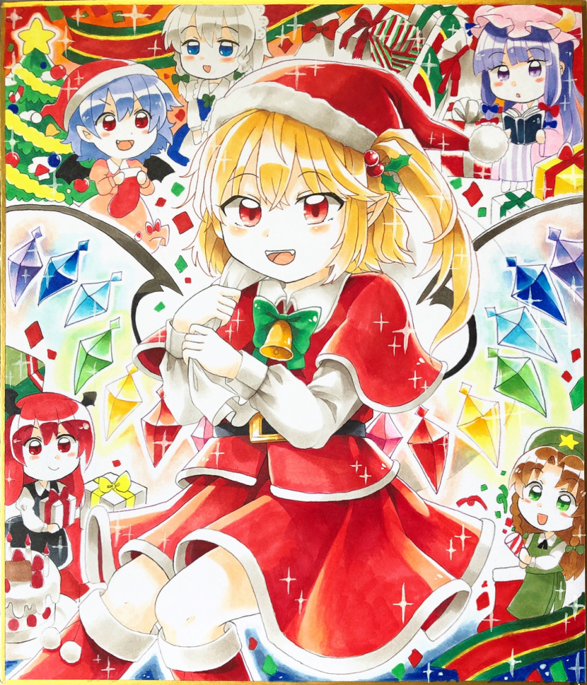 6+girls alternate_costume bat_wings black_skirt black_vest blonde_hair blue_eyes blue_hair blue_skirt blue_vest blunt_bangs book bow bowtie box brown_hair cake christmas christmas_ornaments christmas_present christmas_stocking christmas_tree closed_mouth crescent crescent_hat_ornament crystal dress flandre_scarlet food gift gift_box green_bow green_bowtie green_eyes green_hat grey_hair hat hat_ornament head_wings highres holding holding_book hong_meiling izayoi_sakuya juliet_sleeves koakuma light_smile long_sleeves maa_(forsythia1729) maid maid_headdress marker_(medium) medium_hair mob_cap multicolored_wings multiple_girls one_side_up open_mouth patchouli_knowledge pink_dress pink_hat pink_shirt pink_skirt pointy_ears puffy_sleeves purple_eyes purple_hair red_eyes red_hair red_hat red_ribbon red_skirt remilia_scarlet ribbon santa_hat shirt skirt skirt_set star_(symbol) star_hat_ornament strawberry_cake striped_clothes striped_dress teeth touhou traditional_media upper_teeth_only v-shaped_eyebrows vertical-striped_clothes vertical-striped_dress vest white_shirt wide_sleeves wings yellow_ribbon